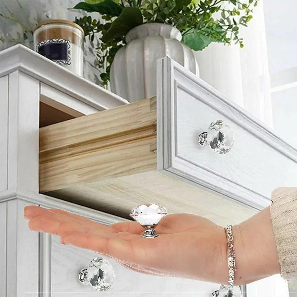 Lote de perillas de gabinete de vidrio de cristal en forma de diamante tiradores de armario manijas de cajón Foto 3 de 4