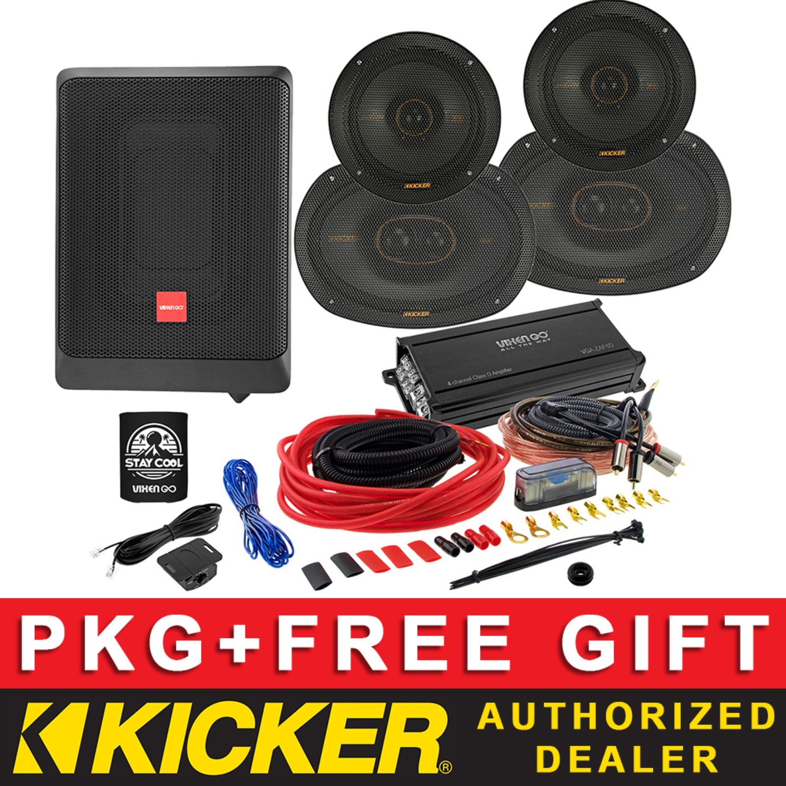 KICKER KSC6504 6.5"+6X9"KSC69304 SPEAKER PACKAGE+4CH AMP+UNDER-SEAT SUB+8AWG KIT