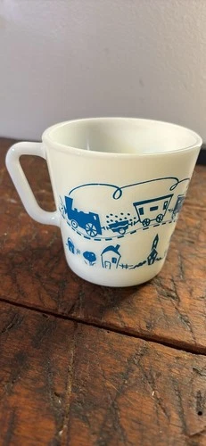 Vintage 1960s Pyrex Blue Train Childs Milk Glass 10oz Mug