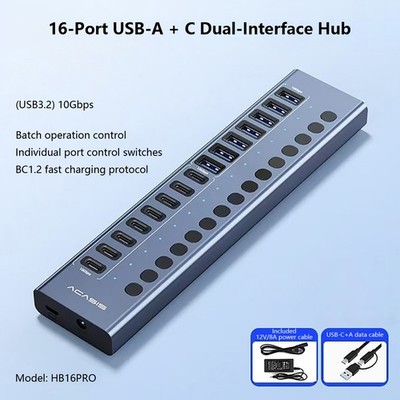 Acasis 16P USB Hub 3.2 w/ Indiv On/Off, 10Gbps USB-C Port, for Keybrd/HDD/Phone