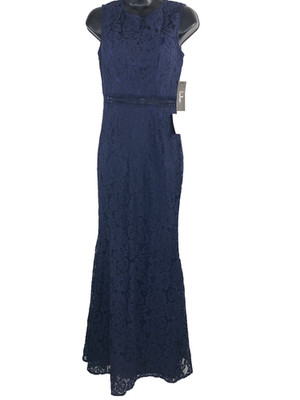 LuLus Womens Size Small Sleeveless Music of the Heart Navy Blue Lace Maxi Dress 