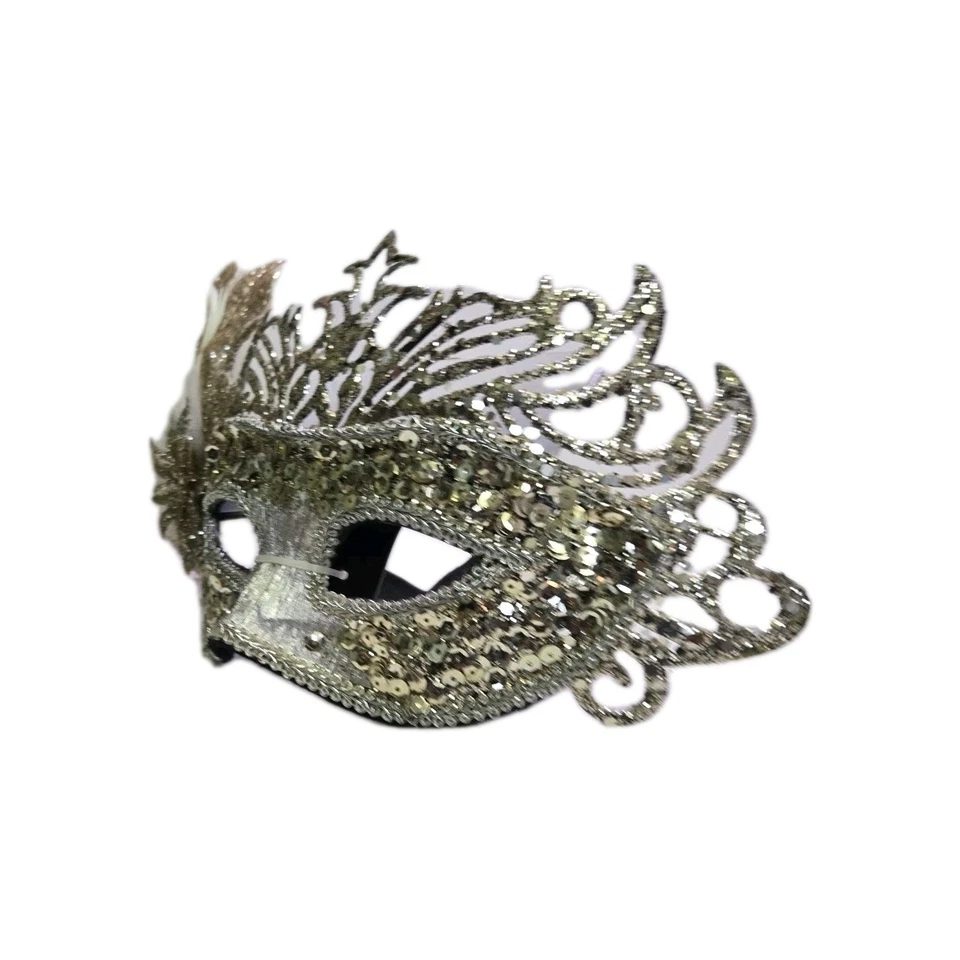 Gold Mardi Gras Glitter Party Masquerade White Feather Women Eye Mask - Image 3 of 4