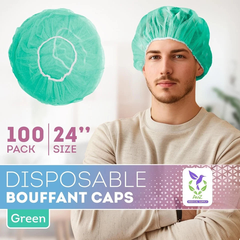 100ct Hair Net Bouffant Cap Green Non Woven Head Cover Industrial 24" - Image 2 of 4