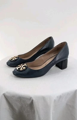 Tory Burch Sz 9.5 Janey ? Navy Leather Block Heel Pumps Gold Double T Logo Women - Image 1 of 4