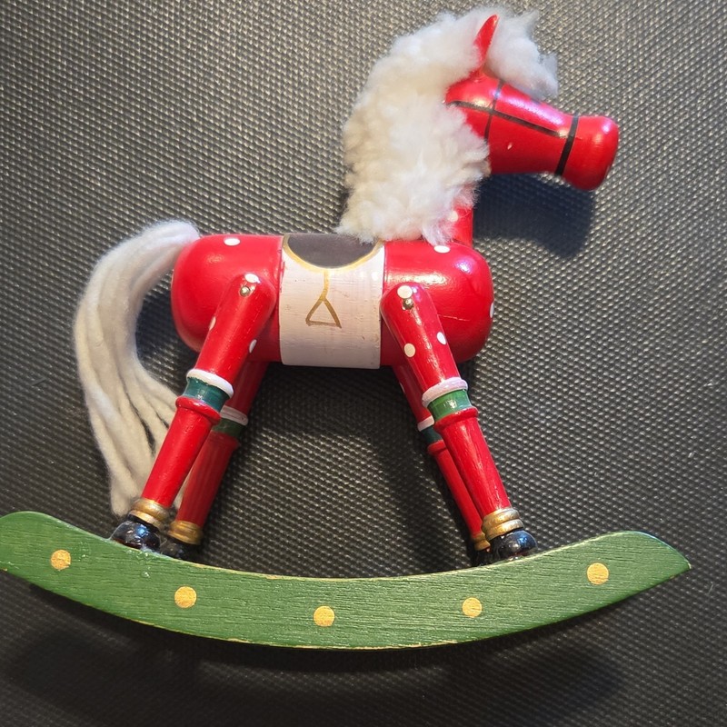 Hand Painted Wooden Rocking Horse Figurine Red/Green Polka Dot Yarn Mane