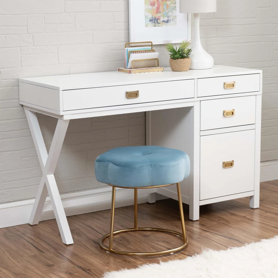 Linon Siena Gold Steel Base Upholstered Flower Shape Vanity Stool in Blue Velvet - Image 2 of 4