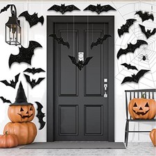 3D Hanging Bat Decorations 36 Pcs Black Glitter PVC Halloween Party Decor