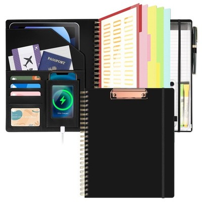 Professional Leather Clipboard with Storage Spiral Padfolio with Zippered Pou...