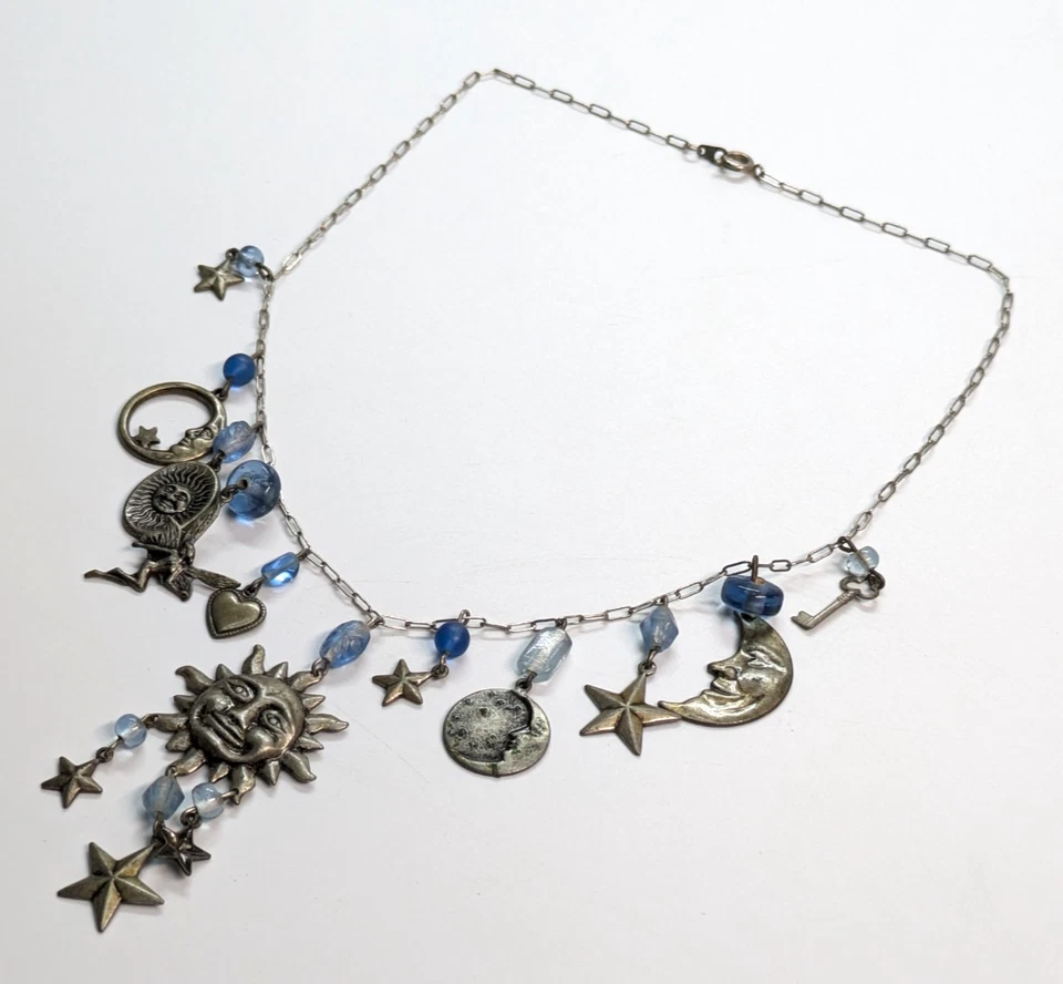 天体多吊坠太阳月亮星星古董银色 17 英寸项链工匠 — 第 4/4 张图片