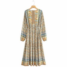 Women's Boho Floral A-Line Midi Dress Long Sleeve Loose Casual Peasant Dress S-L