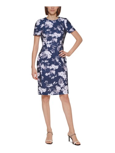 CALVIN KLEIN Womens Navy Unlined Short Sleeve Knee Length Sheath Dress 2