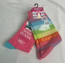 Women's Davco Happy Easter Bunny Crew Socks Shoe Size 4-10.5 New 2 Pairs