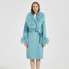 Wool Jacket With Mongolian Lambskin Collar And Cuff - Sky Blue