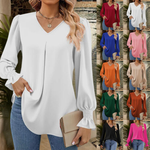 Womens V Neck Long Sleeve Pullover T-shirt Ladies Loose Winter Blouse Tops Tees