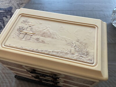VINTAGE JAPANESE CELLULOID BAKELITE JEWELRY BOX EMBOSSED BLACK