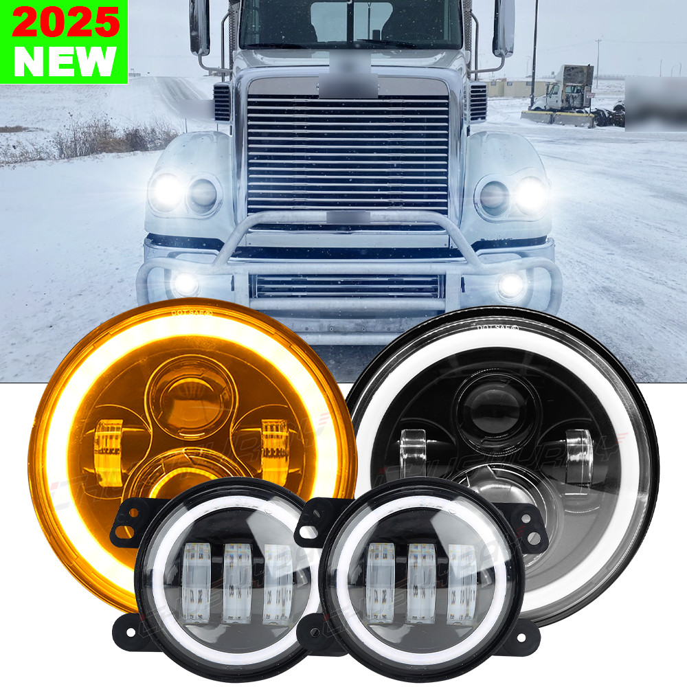 Amber Halo 7" LED Headlights &4" Fog Kit For Freightliner Coronado Century Class