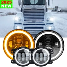 Amber Halo 7" LED Headlights &4" Fog Kit For Freightliner Coronado Century Class