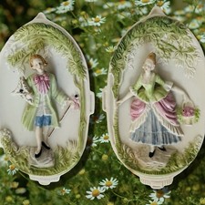 VTG Pair of Chase Occupied Japan Bisque Porcelain Victorian Couple Wall Plaques