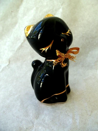 Vtg Black Cat Gold Painted Eyes Ears Gold Bow!  CERAMIC!  3 INCHES TALL!