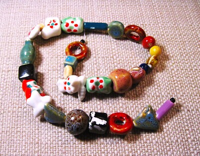 Nice Strand of Mixed Sizes, Shapes and Colors Ceramic Porcelain Beads Lot 285 B1