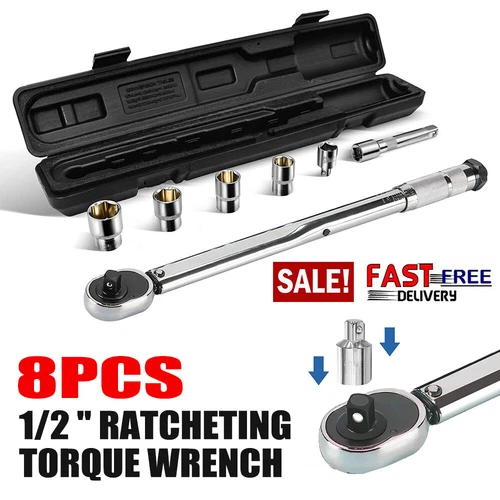 8pcs 1/2 Inch Ratcheting Torque Wrench 28 - 210Nm With 4 Drive Socket in Case UK - Picture 1 of 12