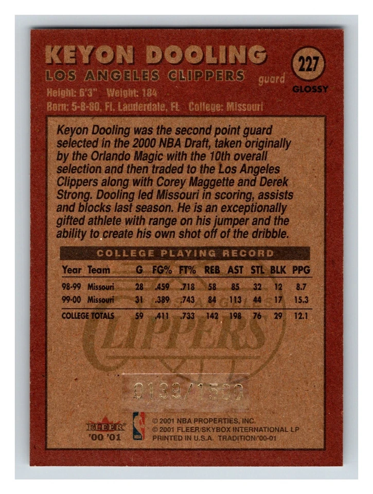 2000-01 Fleer Tradition RC Keyon Dooling Los Angeles Clippers #228 139/1500 🏀 - Image 2 of 2