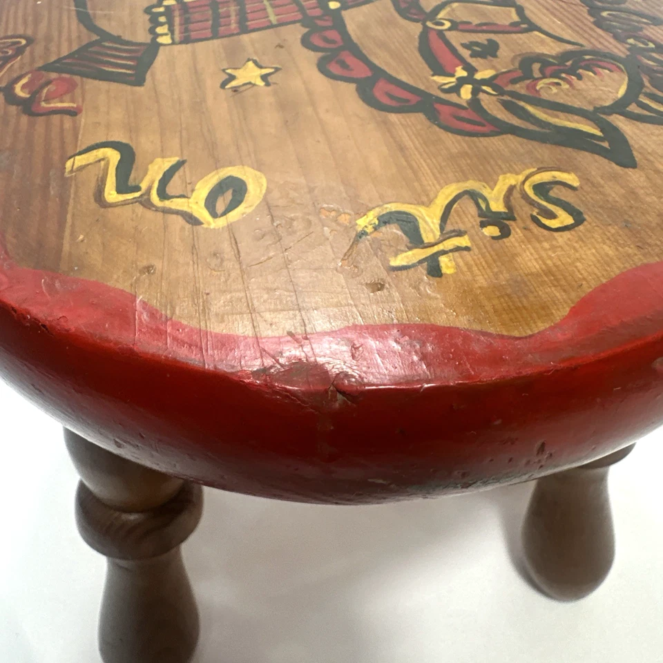 Винтажный детский деревянный табурет с ручной росписью с колесной лошадью «Пожалуйста, сядьте на меня» - Изображение 4 из 4