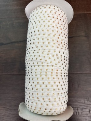 Fold Over Elastic 5/8 White Gold Polka Dot Approx 60 Yards On Spool