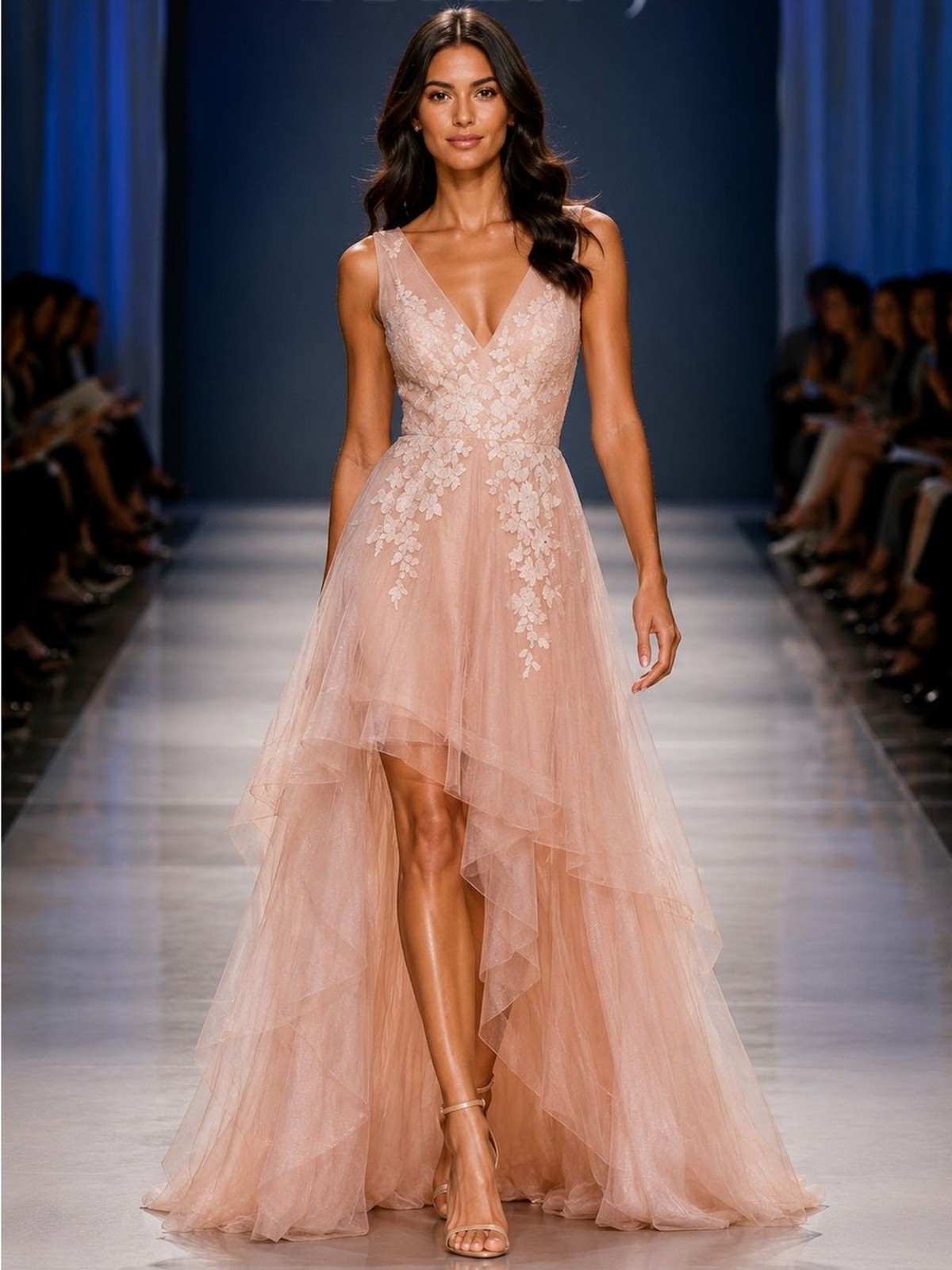 BCBG Max Azria Bare Pink Floral Appliqué High Low Tulle Dress NWT Size 0