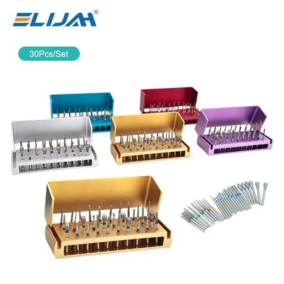 IN US-30Pcs Dental Diamond Burs Drill+Disinfection Bur Block HighSpeed Handpiece