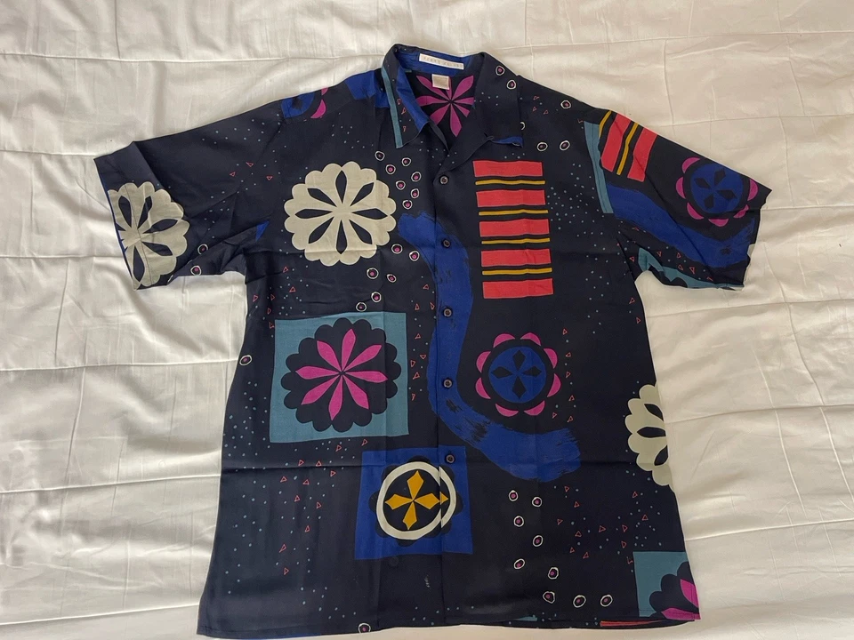 Perry Ellis Abstract Floral Silk Blend Shirt Sz M Retro 2000s Art Print - Image 3 of 3