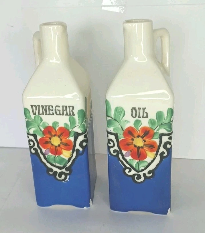 Vtg~Hand Painted TBICO Czechoslovakia~Vinegar and Oil Cruets ~Blue w/Flowers