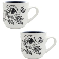 Set of 2 Shabby Chic White Navy Blue Engraved Floral Ceramic Coffee Mug 16oz