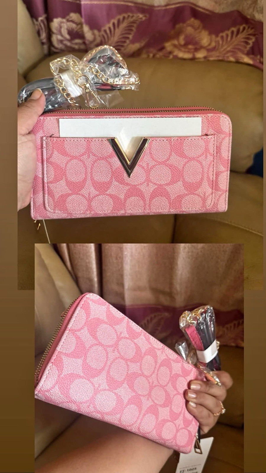 Women’s Pink Zip-Around Wallet, Logo Pattern, Credit Card Slots, Wristlet