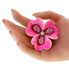 Large Vintage Pink enamel flower brooch pin with Rhinestones accents