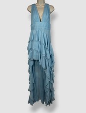 Alice + Olivia Women's Blue Asymmetric Hem Plunge Neck Holly Gown Dress Sz 6