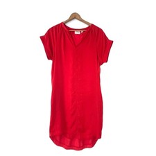 Chico's Poppy Red Satin Dress Knee Length Size 0/XS Short Slv Pockets T-Shirt