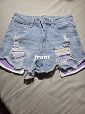 Girl's Sz 14 Justice Denim Shorts With Sequin Pockets, Distressed, Fun, Playful