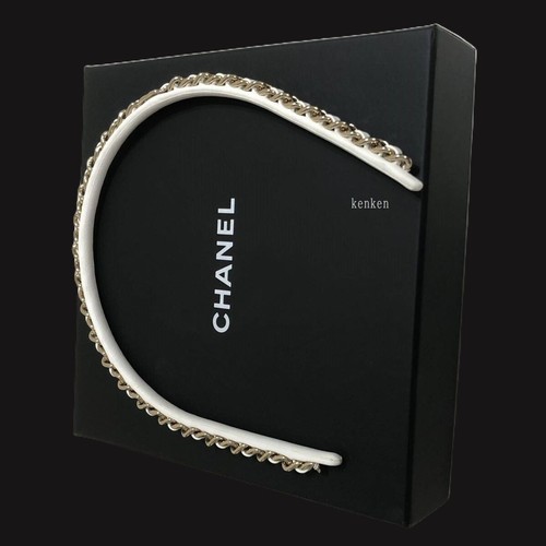 CHANEL Headband Hair band clip pin Barrette AUTH Coco CC Gold White Leather LOGO - 第 12/20 張圖片
