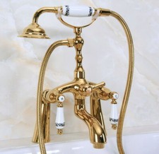 Golden Brass Bathroom Faucet Set Deck Mounted Tub Handheld Shower Tap Kit Dna135