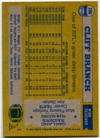 1982 Topps Cliff Branch Card #186 Oakland Raiders Colorado - Image 2 of 2