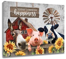 Sunflower Farm Animal Cow Canvas Wall Art Decor For Living Room 16x12 Inch