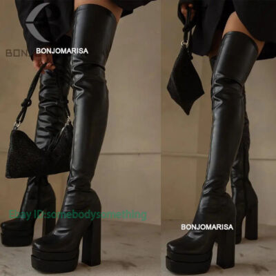 Women Thigh High Boots Double Platform Block High Heels Over