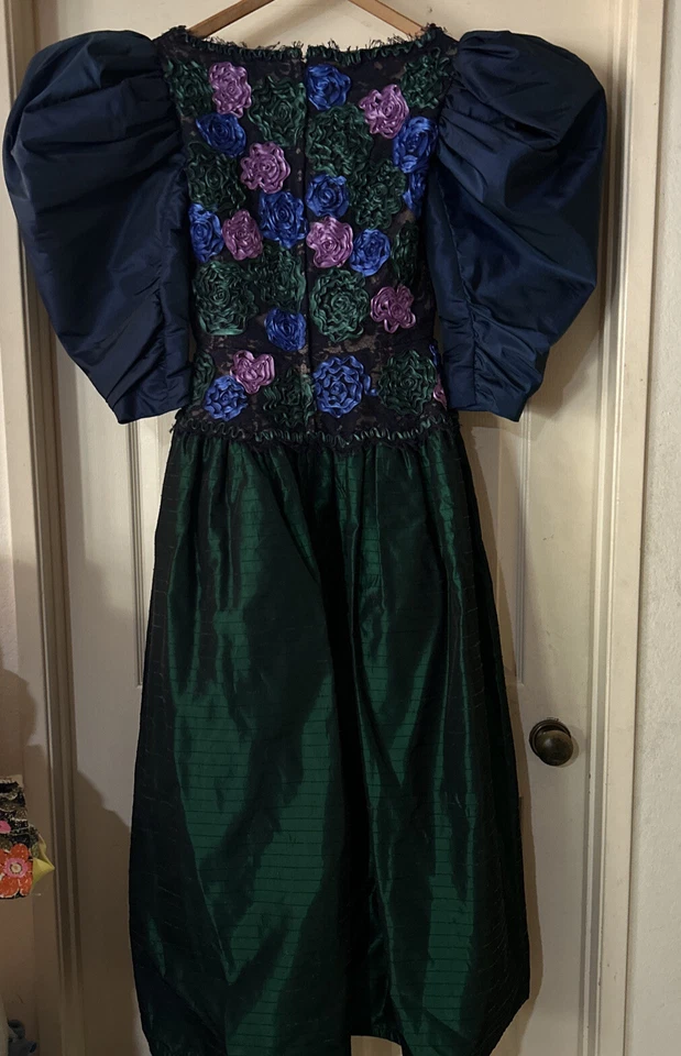 Винтажный 80-х VICTOR COSTA переливающийся июнь жук зеленый тафта кружева вечернее платье 10 - Изображение 2 из 4