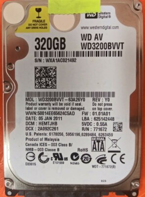       HDD Hard Drive SATA Laptop 2.5'' WD3200BVVT-63A26Y0 320GB FW: 01.01A01