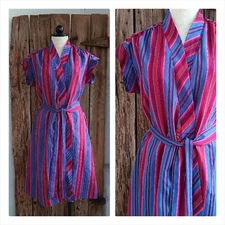 Vintage 70s Tom Bezduda Barad & Co Short Sleeve Striped Robe Womens Small