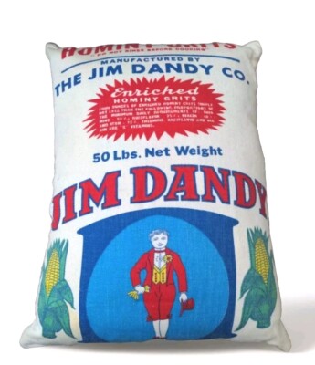 Jim Dandy Co Throw Pillow Hominy Grits Canvas Sack Vintage Advertising Bag