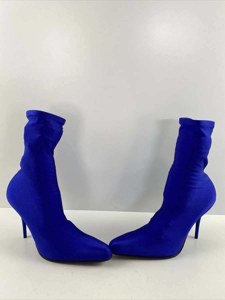 Balenciaga Blue Stretch Fabric Round Toe Pull On High Heel Booties Women s 39