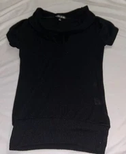 Active Basic Small Black Short Sleeve Cowl Neck Sweater Blouse
