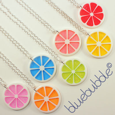 FUNKY ZITRUSFRUCHT SCHEIBE HALSKETTE NIEDLICH KITSCH RETRO SÜSS CANDY SÄURE TANZ CHARM
